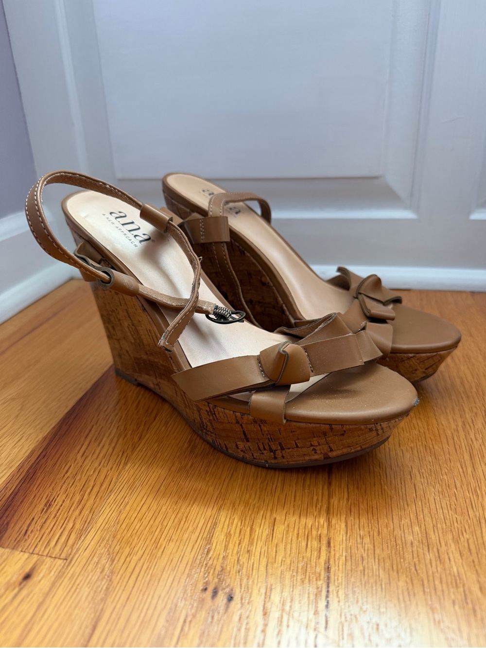 a.n.a Tan Knotted Slingback Cork Wedge Sandals Size 7.5